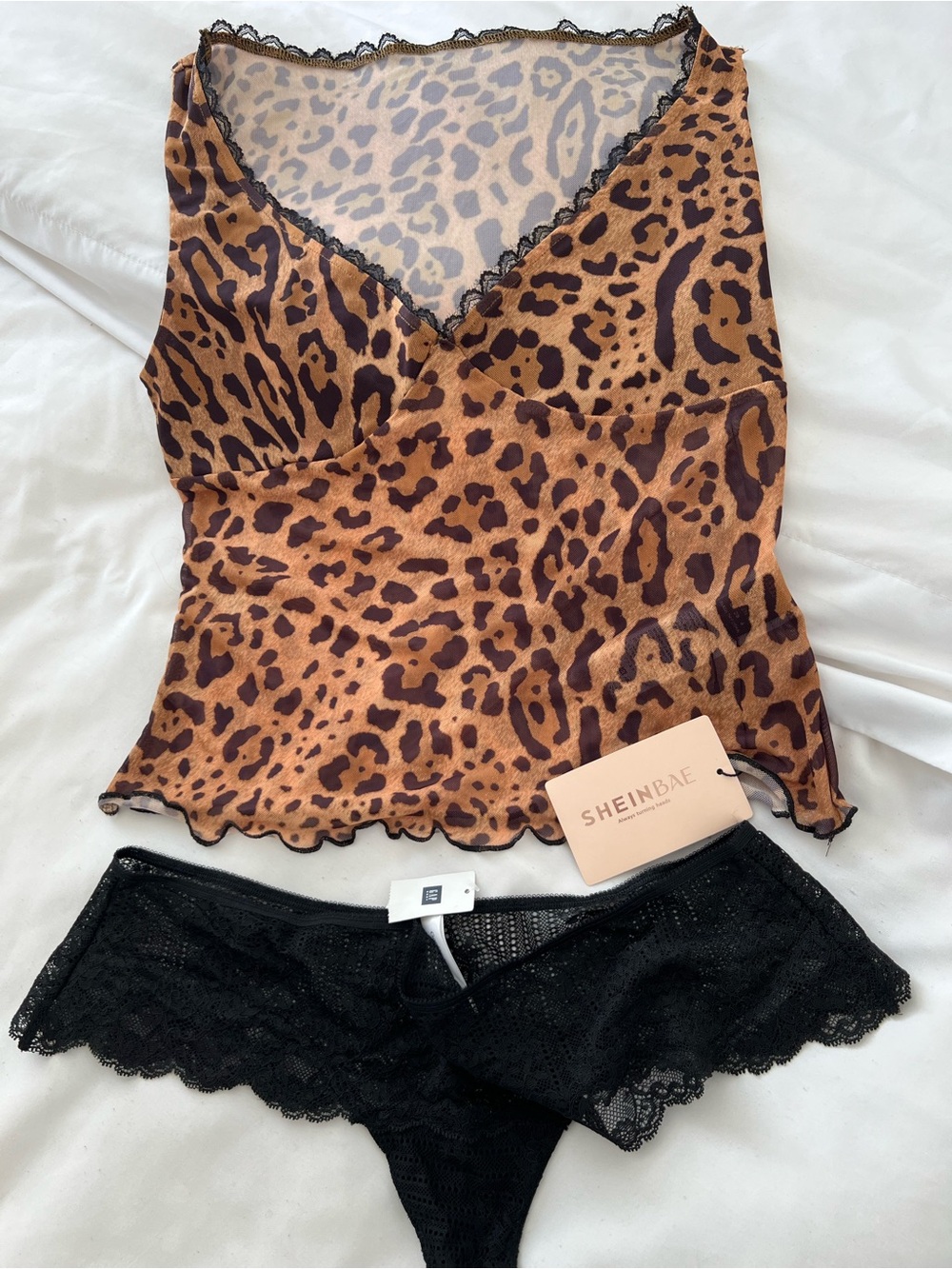 Sexy Leopard Mesh Cami and Black Lace Thong Set NWT